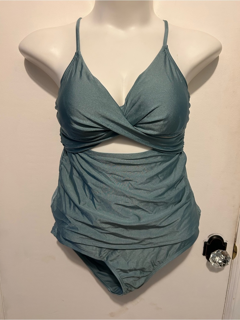 Cupshe - Shangrila Solids Wrap Front Tankini Set - Teal Metallic - Size: XL